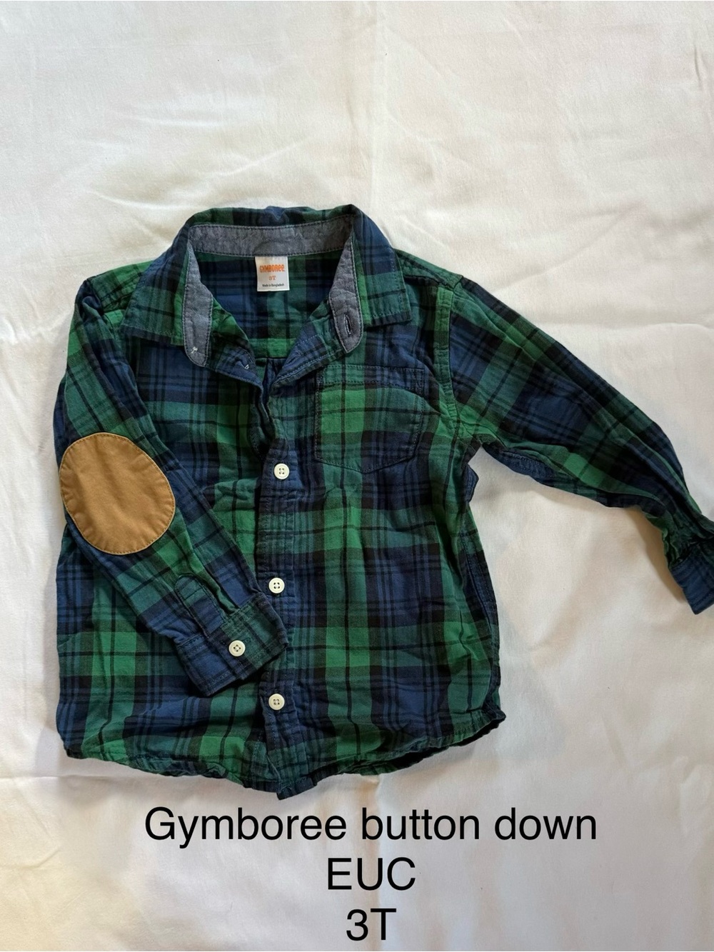 Gymboree Green & Navy Plaid Button-Down Shirt with Tan Elbow Patch
